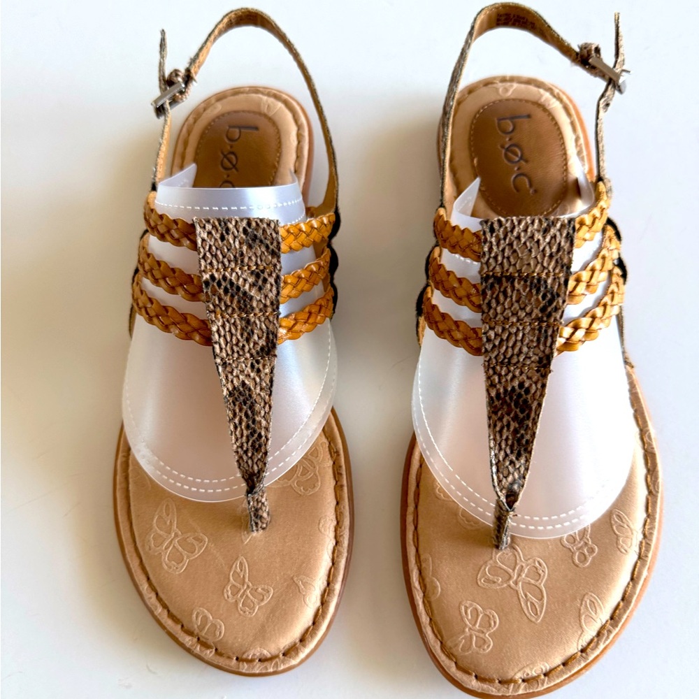 B O C Sandals, 9, Shades of tan w/ faux snake, Adjustable heel strap NWOT